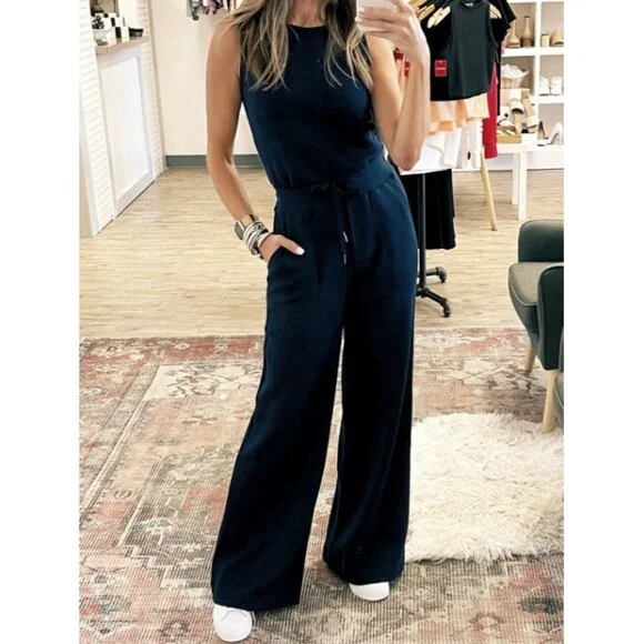 Spanx AirEssentials Sleeveless Jumpsuit Classic Navy Romper Open Back Wide Leg L - Picture 9 of 14